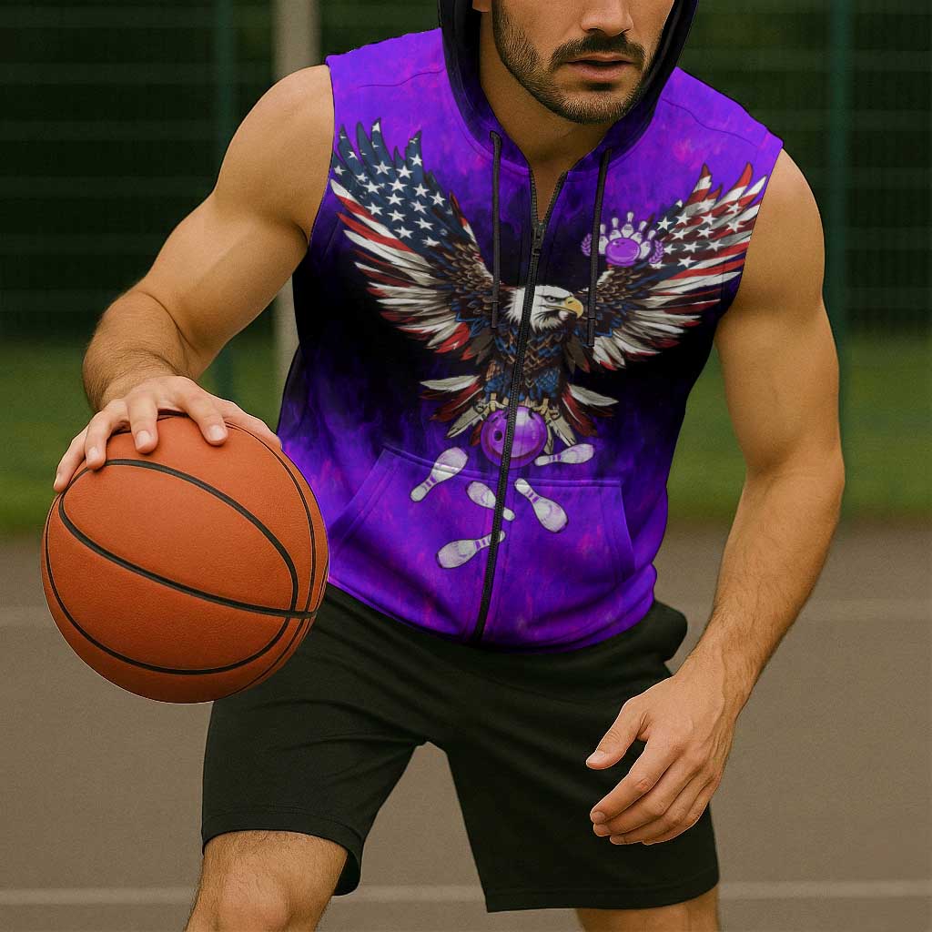Personalized Patriotic Eagle Bowling Sleeveless Zip Hoodie with Purple Flames USA Flag Wings Design - Wonder Print Shop