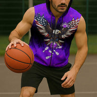 Personalized Patriotic Eagle Bowling Sleeveless Zip Hoodie with Purple Flames USA Flag Wings Design - Wonder Print Shop