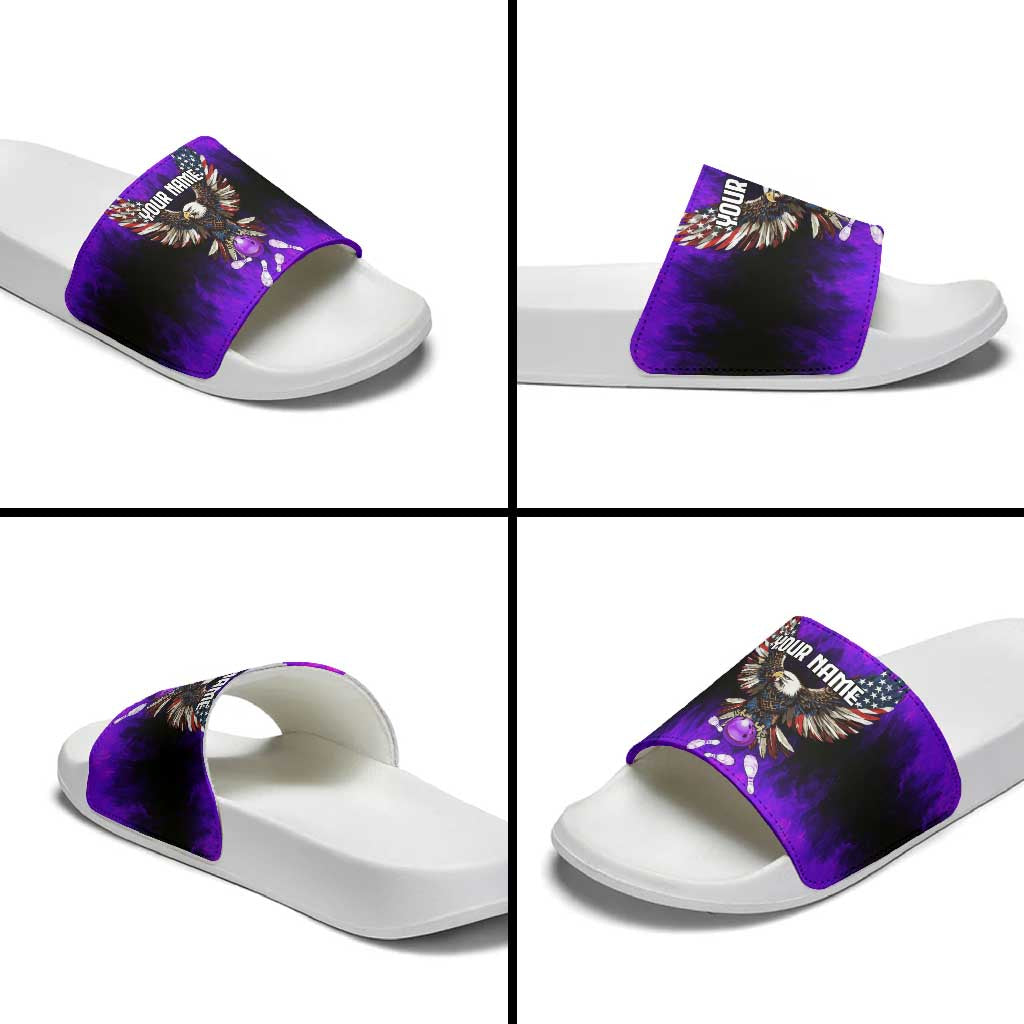 Personalized Patriotic Eagle Bowling Slide Sandals with Purple Flames USA Flag Wings Design - Wonder Print Shop