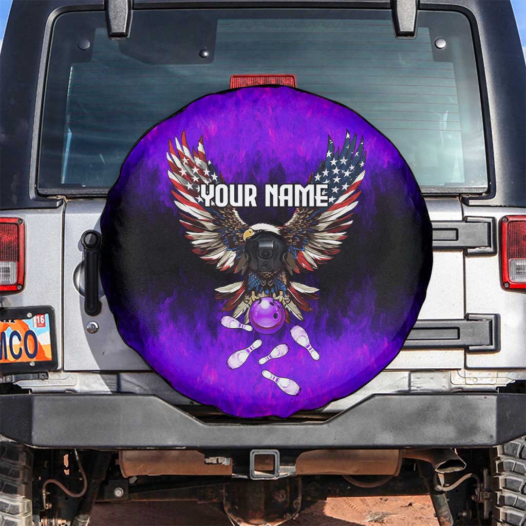 Personalized Patriotic Eagle Bowling Spare Tire Cover with Purple Flames USA Flag Wings Design - Wonder Print Shop