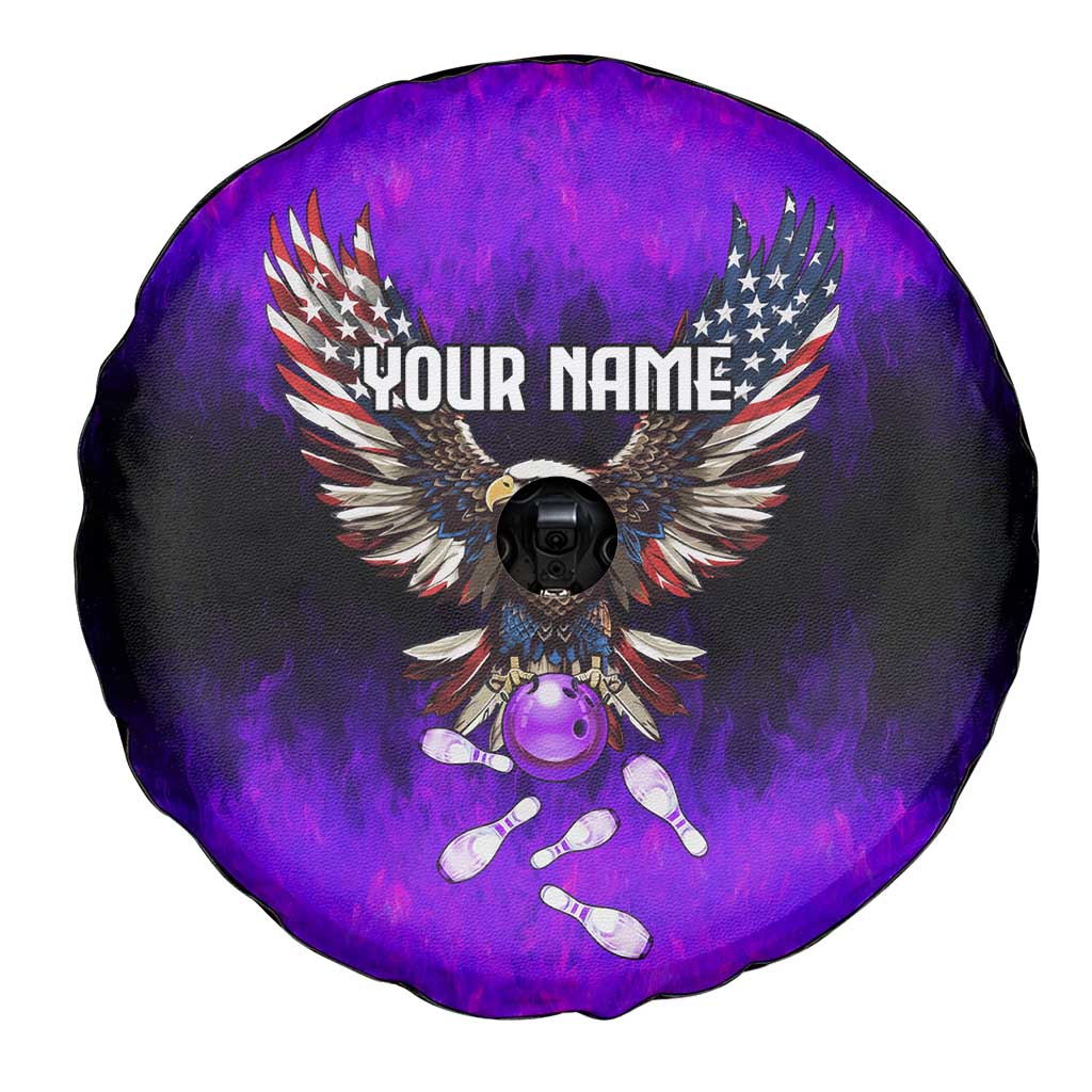 Personalized Patriotic Eagle Bowling Spare Tire Cover with Purple Flames USA Flag Wings Design - Wonder Print Shop