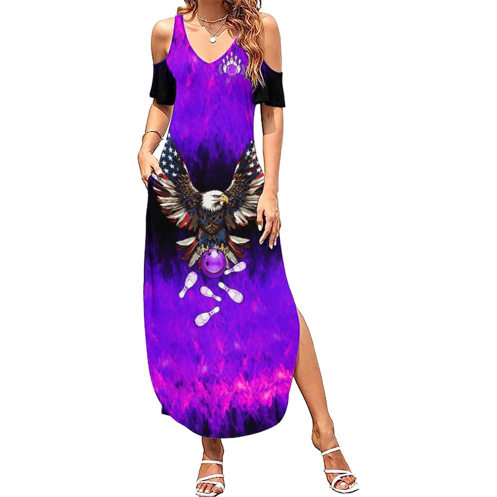 Personalized Patriotic Eagle Bowling Summer Maxi Dress with Purple Flames USA Flag Wings Design - Wonder Print Shop
