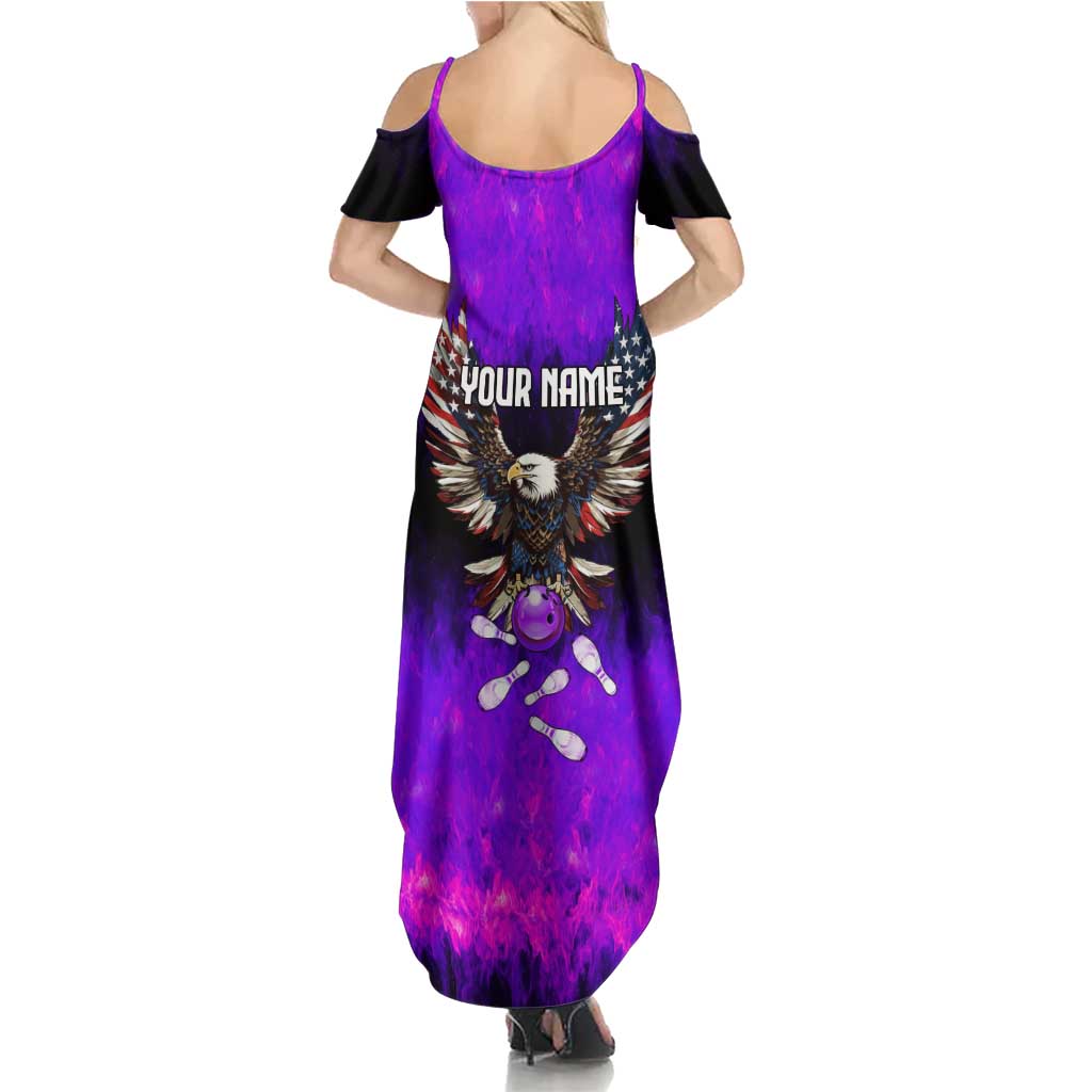 Personalized Patriotic Eagle Bowling Summer Maxi Dress with Purple Flames USA Flag Wings Design - Wonder Print Shop