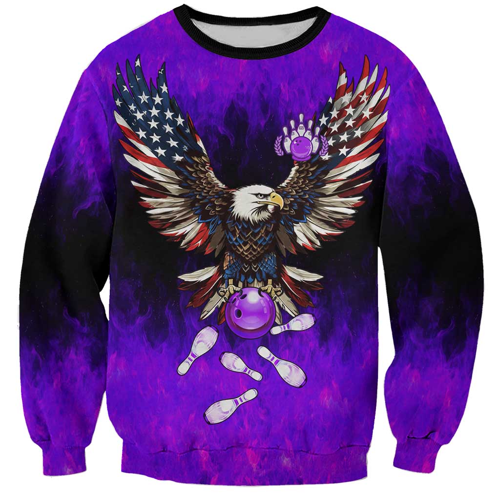 Personalized Patriotic Eagle Bowling Sweatshirt with Purple Flames USA Flag Wings Design - Wonder Print Shop