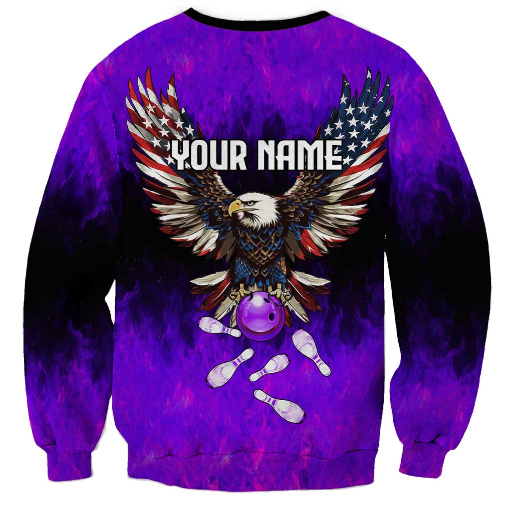 Personalized Patriotic Eagle Bowling Sweatshirt with Purple Flames USA Flag Wings Design - Wonder Print Shop
