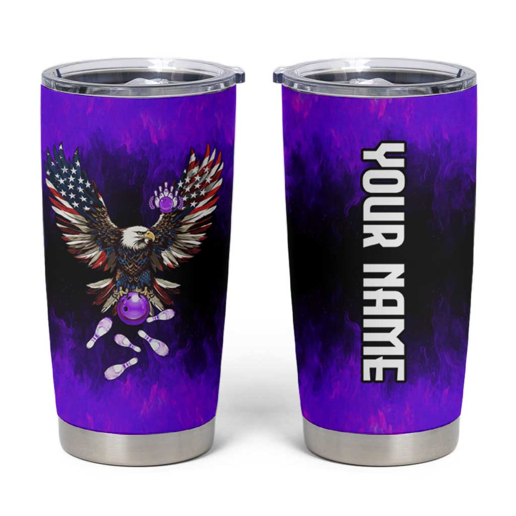 Personalized Patriotic Eagle Bowling Tumbler Cup with Purple Flames USA Flag Wings Design - Wonder Print Shop