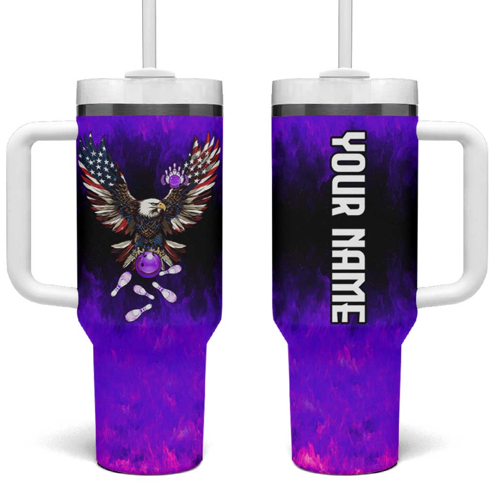 Personalized Patriotic Eagle Bowling Tumbler With Handle with Purple Flames USA Flag Wings Design - Wonder Print Shop