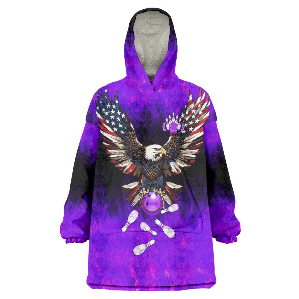 Personalized Patriotic Eagle Bowling Wearable Blanket Hoodie with Purple Flames USA Flag Wings Design - Wonder Print Shop