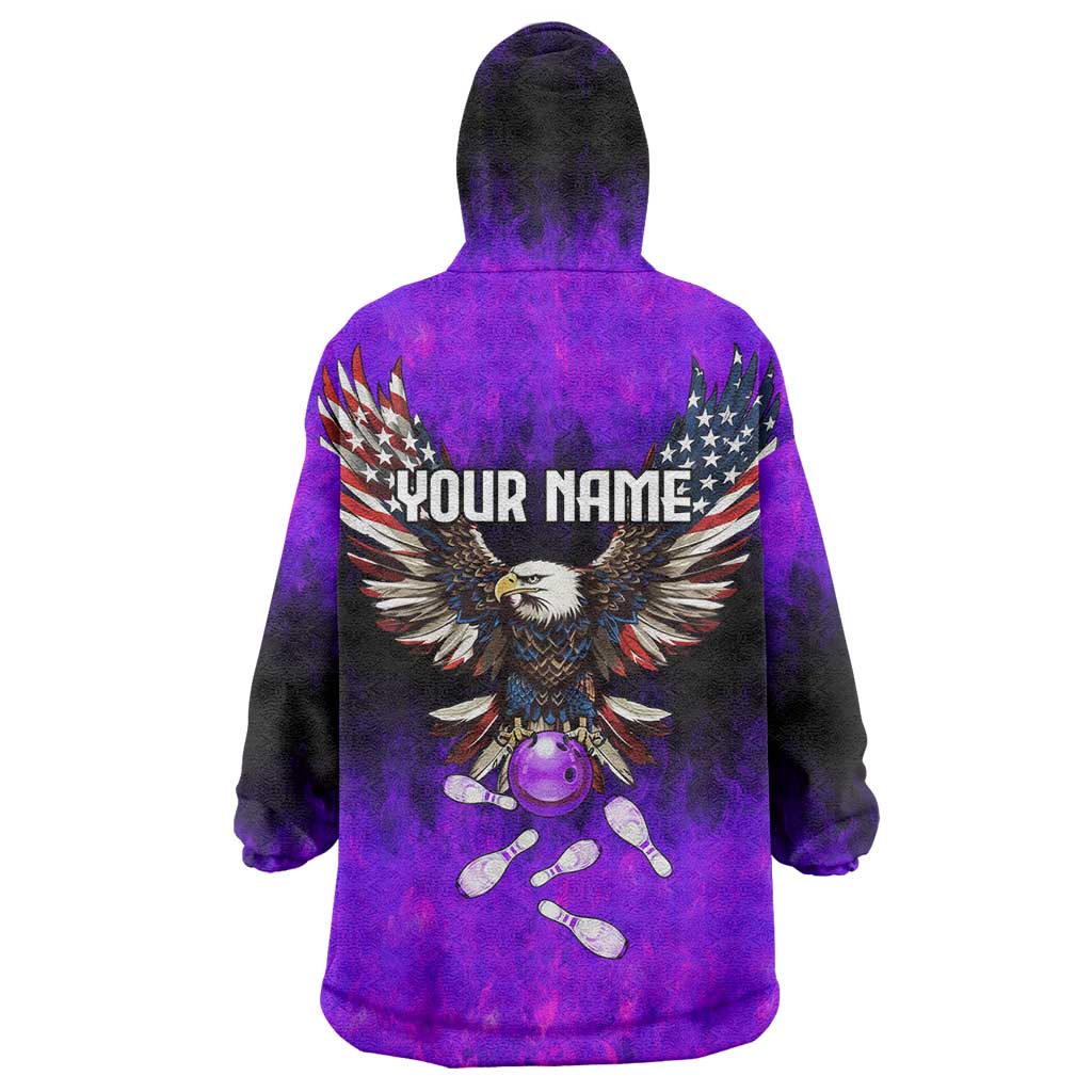 Personalized Patriotic Eagle Bowling Wearable Blanket Hoodie with Purple Flames USA Flag Wings Design - Wonder Print Shop