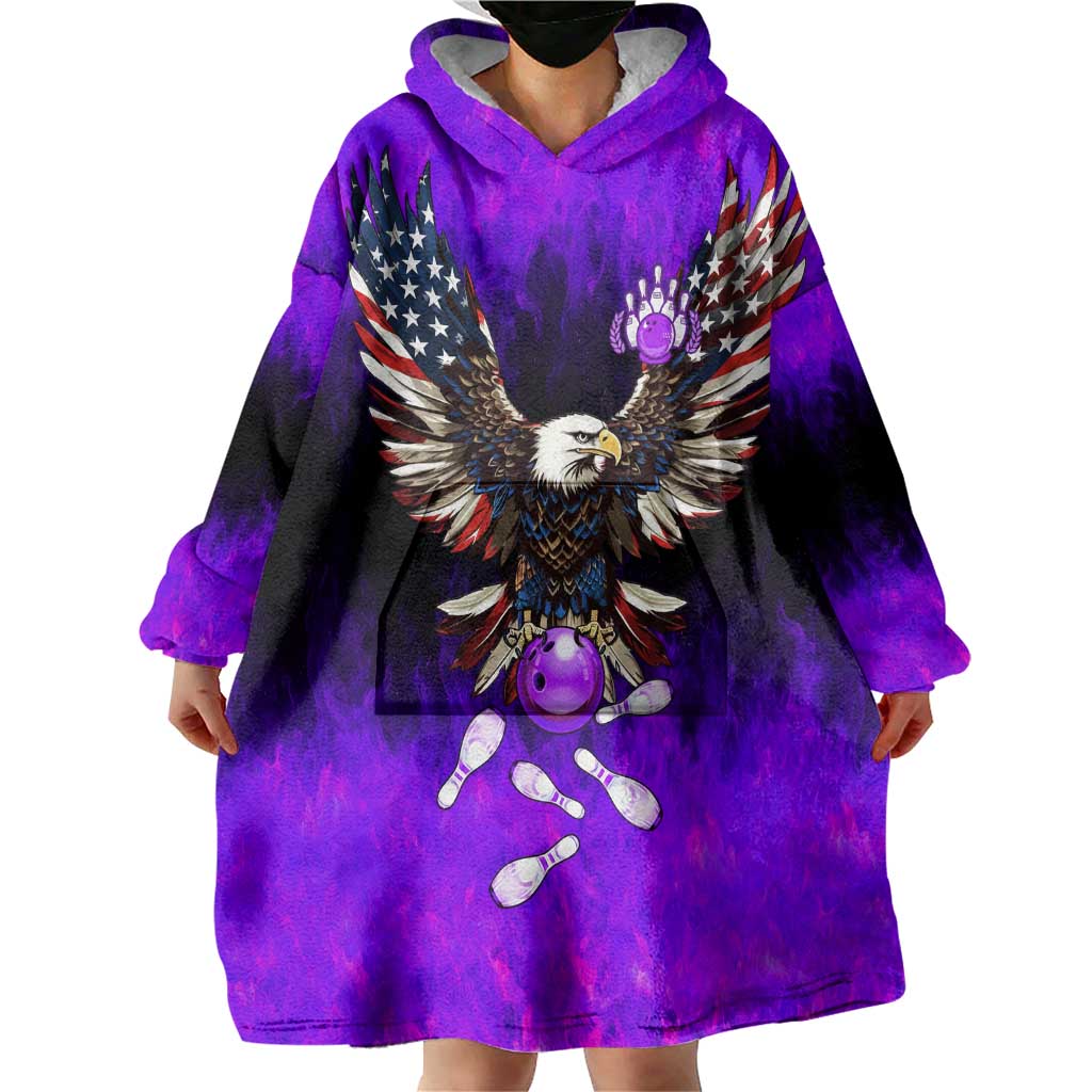 Personalized Patriotic Eagle Bowling Wearable Blanket Hoodie with Purple Flames USA Flag Wings Design - Wonder Print Shop