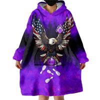 Personalized Patriotic Eagle Bowling Wearable Blanket Hoodie with Purple Flames USA Flag Wings Design - Wonder Print Shop