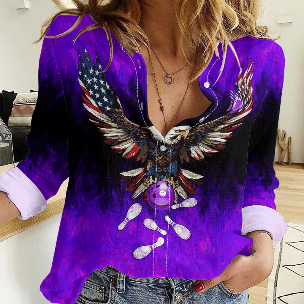 Personalized Patriotic Eagle Bowling Women Casual Shirt with Purple Flames USA Flag Wings Design - Wonder Print Shop