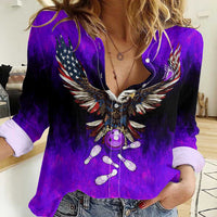 Personalized Patriotic Eagle Bowling Women Casual Shirt with Purple Flames USA Flag Wings Design - Wonder Print Shop