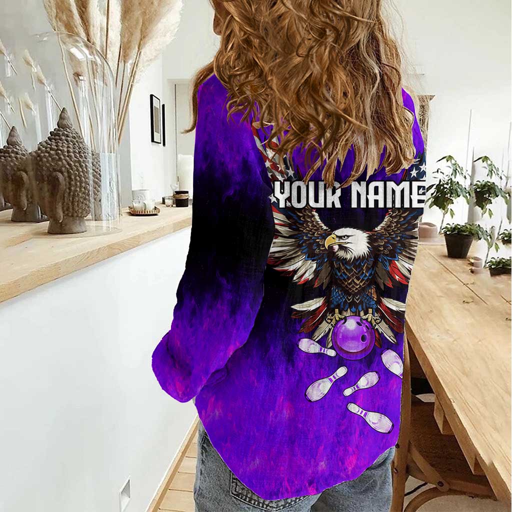 Personalized Patriotic Eagle Bowling Women Casual Shirt with Purple Flames USA Flag Wings Design - Wonder Print Shop