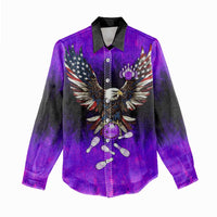 Personalized Patriotic Eagle Bowling Women Casual Shirt with Purple Flames USA Flag Wings Design - Wonder Print Shop