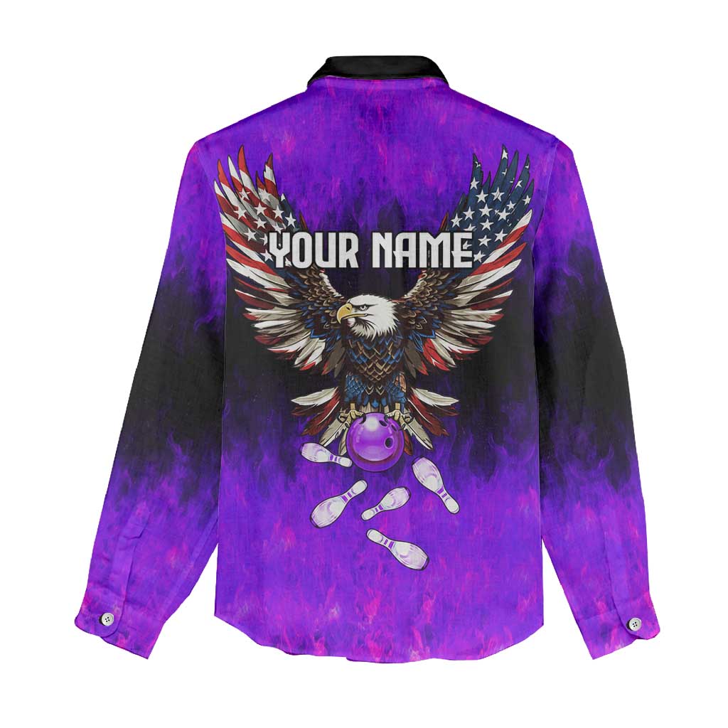 Personalized Patriotic Eagle Bowling Women Casual Shirt with Purple Flames USA Flag Wings Design - Wonder Print Shop