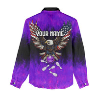 Personalized Patriotic Eagle Bowling Women Casual Shirt with Purple Flames USA Flag Wings Design - Wonder Print Shop
