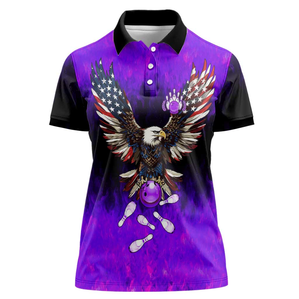 Personalized Patriotic Eagle Bowling Women Polo Shirt with Purple Flames USA Flag Wings Design - Wonder Print Shop