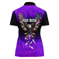 Personalized Patriotic Eagle Bowling Women Polo Shirt with Purple Flames USA Flag Wings Design - Wonder Print Shop