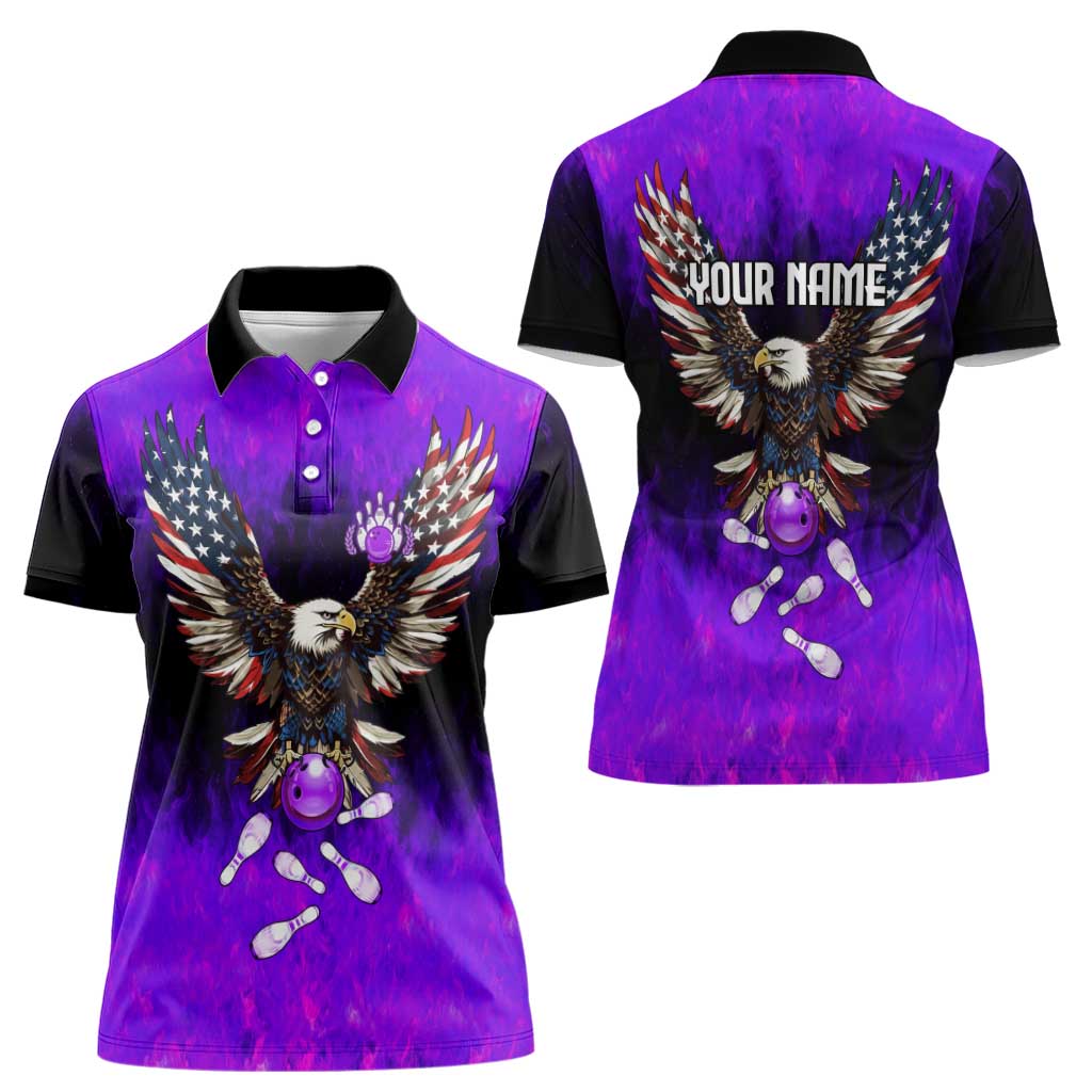Personalized Patriotic Eagle Bowling Women Polo Shirt with Purple Flames USA Flag Wings Design - Wonder Print Shop