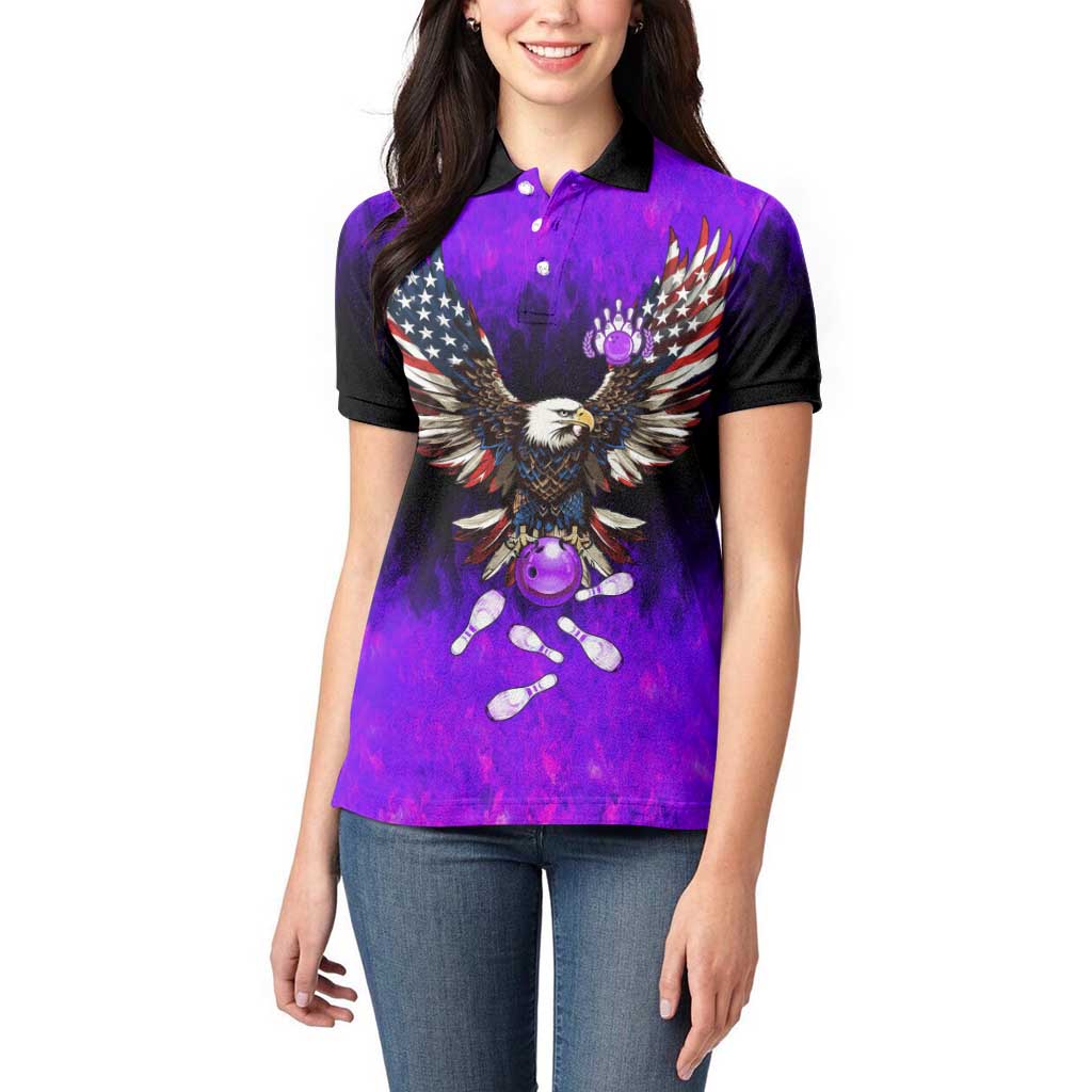 Personalized Patriotic Eagle Bowling Women Polo Shirt with Purple Flames USA Flag Wings Design - Wonder Print Shop