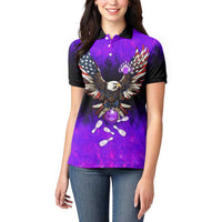 Personalized Patriotic Eagle Bowling Women Polo Shirt with Purple Flames USA Flag Wings Design - Wonder Print Shop