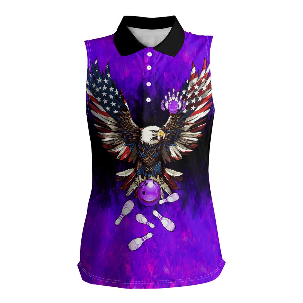 Personalized Patriotic Eagle Bowling Women Sleeveless Polo Shirt with Purple Flames USA Flag Wings Design - Wonder Print Shop