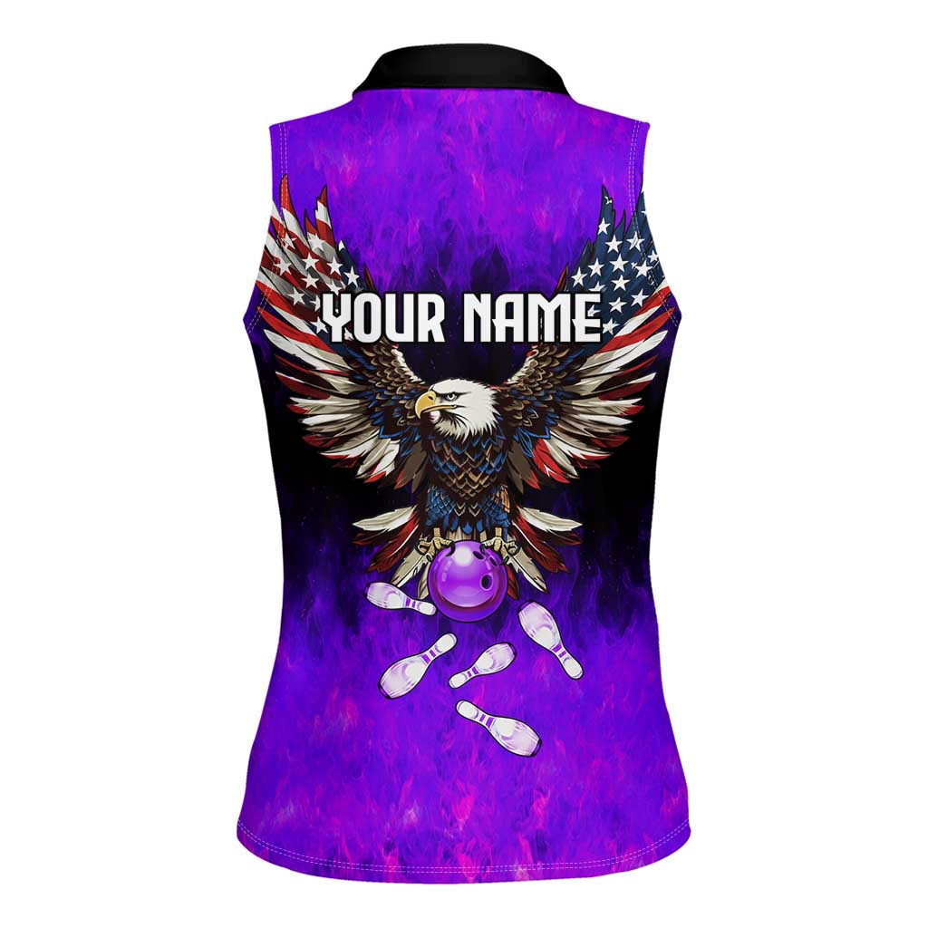 Personalized Patriotic Eagle Bowling Women Sleeveless Polo Shirt with Purple Flames USA Flag Wings Design - Wonder Print Shop