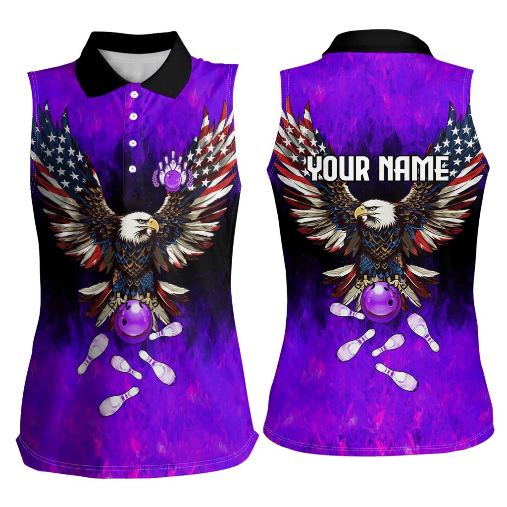 Personalized Patriotic Eagle Bowling Women Sleeveless Polo Shirt with Purple Flames USA Flag Wings Design - Wonder Print Shop