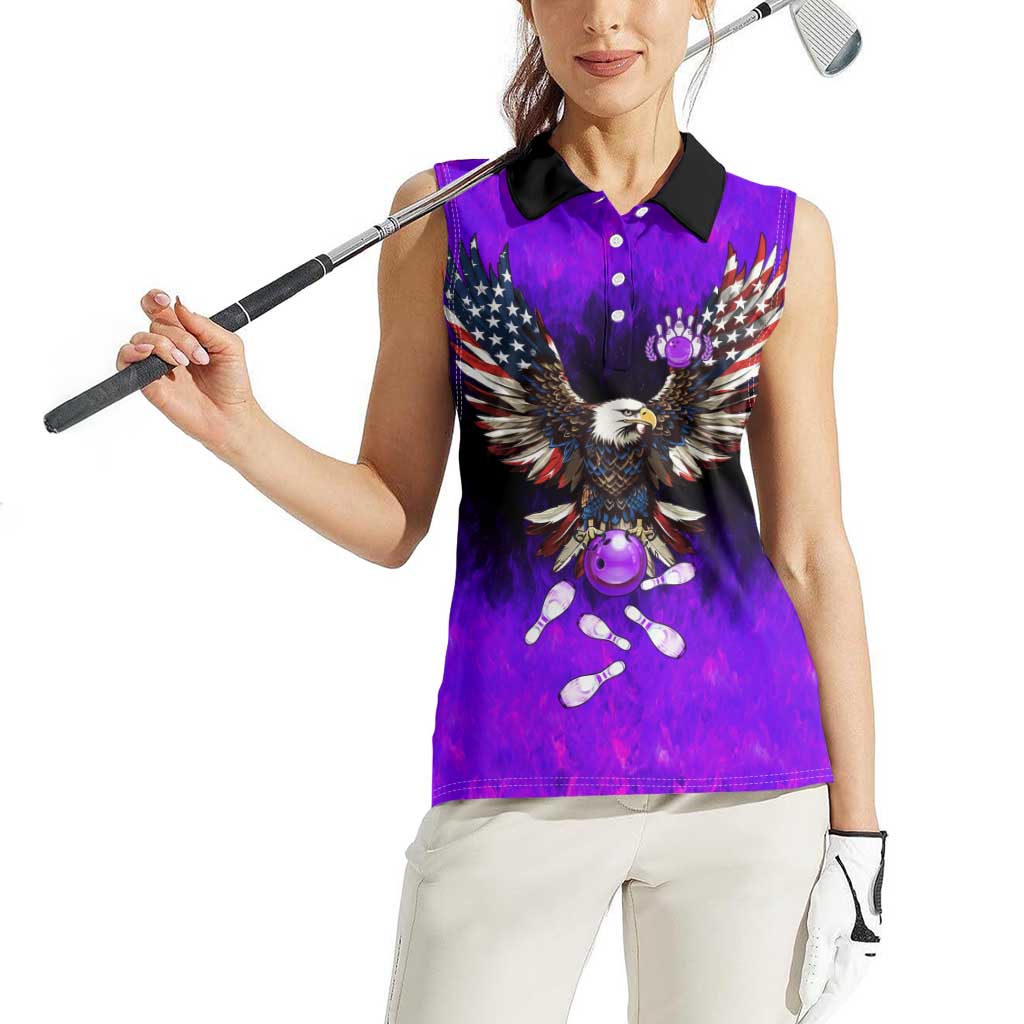 Personalized Patriotic Eagle Bowling Women Sleeveless Polo Shirt with Purple Flames USA Flag Wings Design - Wonder Print Shop