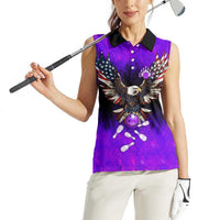 Personalized Patriotic Eagle Bowling Women Sleeveless Polo Shirt with Purple Flames USA Flag Wings Design - Wonder Print Shop