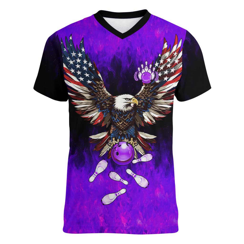 Personalized Patriotic Eagle Bowling Women V-Neck T-Shirt with Purple Flames USA Flag Wings Design - Wonder Print Shop