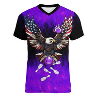 Personalized Patriotic Eagle Bowling Women V-Neck T-Shirt with Purple Flames USA Flag Wings Design - Wonder Print Shop