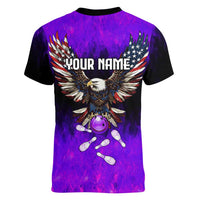 Personalized Patriotic Eagle Bowling Women V-Neck T-Shirt with Purple Flames USA Flag Wings Design - Wonder Print Shop
