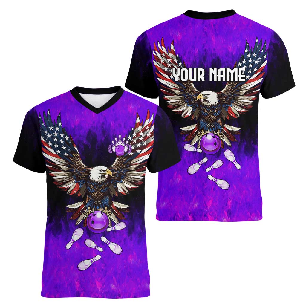 Personalized Patriotic Eagle Bowling Women V-Neck T-Shirt with Purple Flames USA Flag Wings Design - Wonder Print Shop