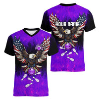 Personalized Patriotic Eagle Bowling Women V-Neck T-Shirt with Purple Flames USA Flag Wings Design - Wonder Print Shop