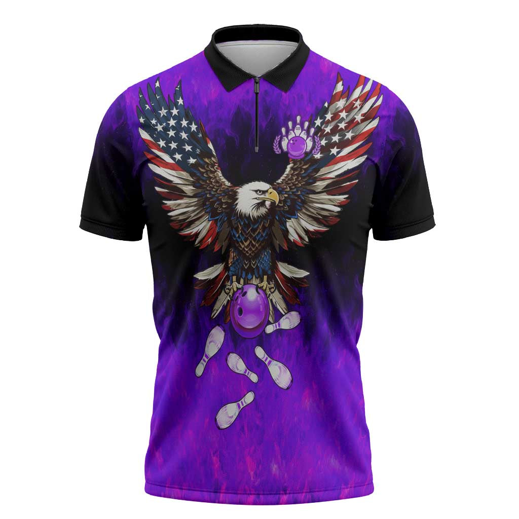 Personalized Patriotic Eagle Bowling Zipper Polo Shirt with Purple Flames USA Flag Wings Design - Wonder Print Shop