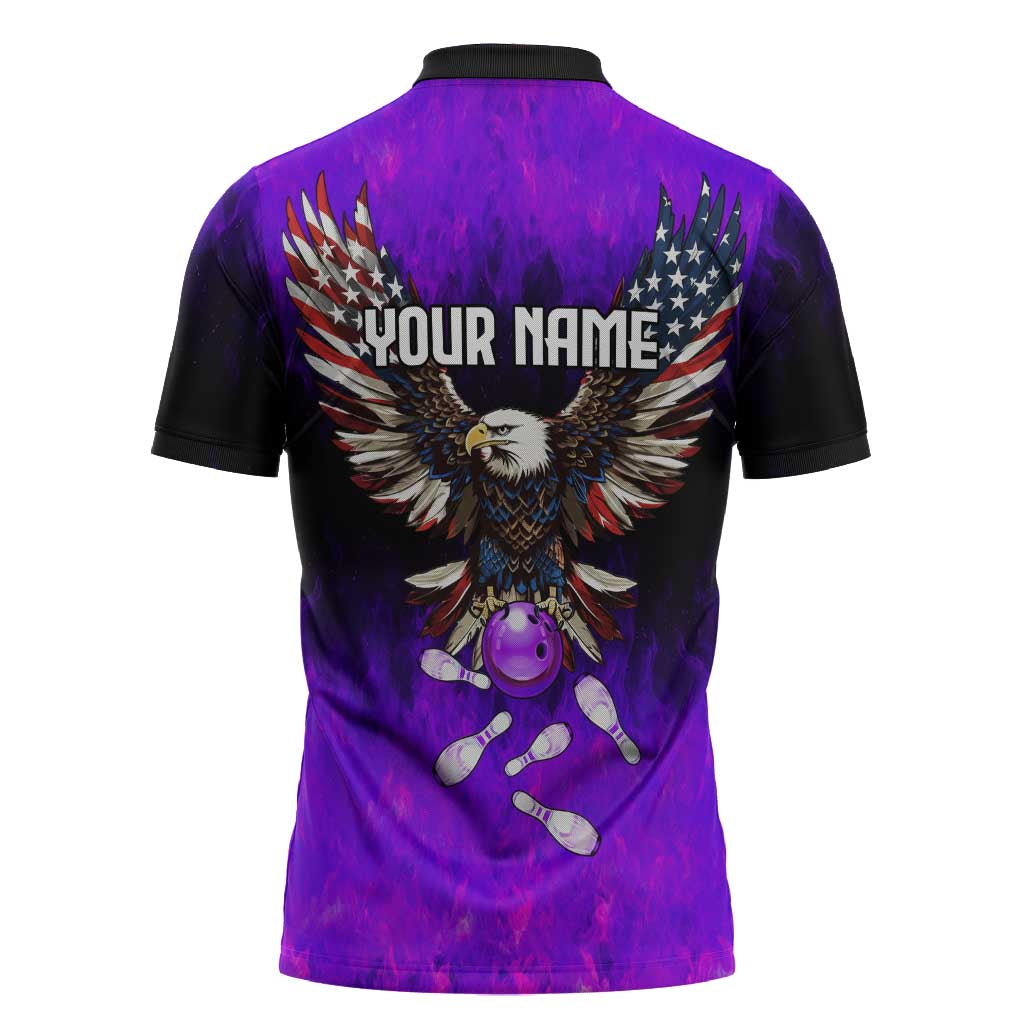 Personalized Patriotic Eagle Bowling Zipper Polo Shirt with Purple Flames USA Flag Wings Design - Wonder Print Shop