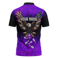 Personalized Patriotic Eagle Bowling Zipper Polo Shirt with Purple Flames USA Flag Wings Design - Wonder Print Shop
