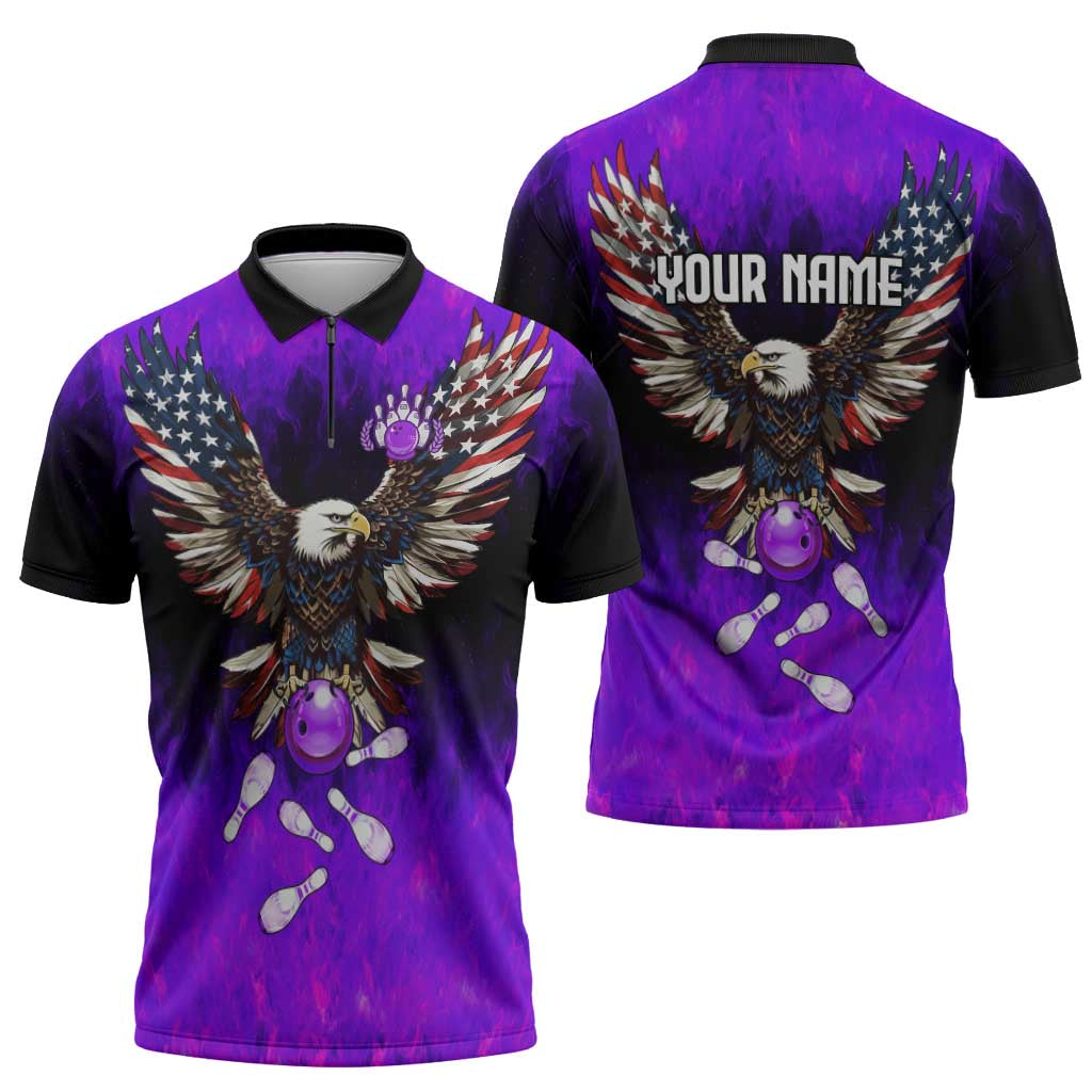 Personalized Patriotic Eagle Bowling Zipper Polo Shirt with Purple Flames USA Flag Wings Design - Wonder Print Shop