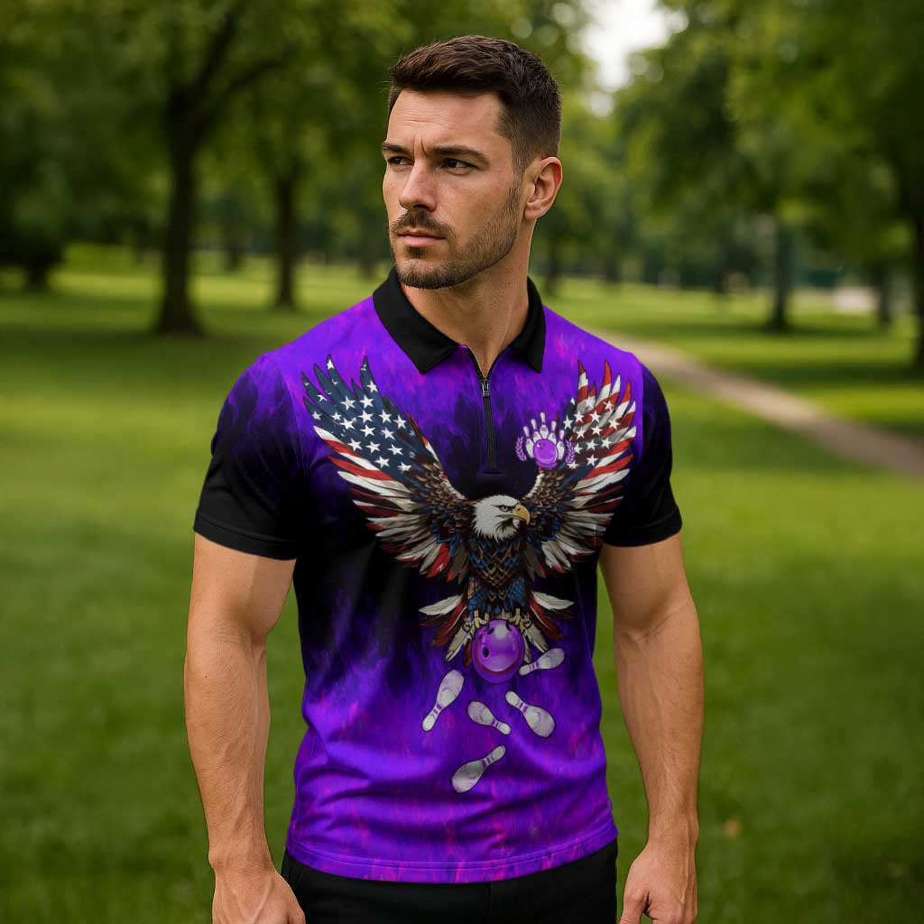 Personalized Patriotic Eagle Bowling Zipper Polo Shirt with Purple Flames USA Flag Wings Design - Wonder Print Shop