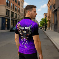 Personalized Patriotic Eagle Bowling Zipper Polo Shirt with Purple Flames USA Flag Wings Design - Wonder Print Shop
