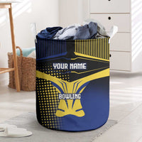 Personalized Blue and Yellow Bowling Laundry Basket with Striking Pins Retro Dot Pattern Design - Wonder Print Shop