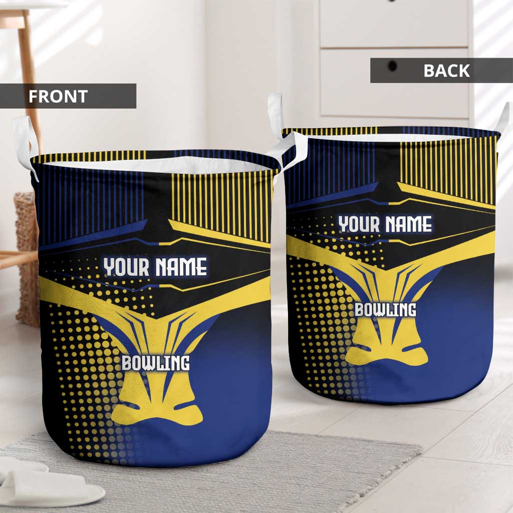 Personalized Blue and Yellow Bowling Laundry Basket with Striking Pins Retro Dot Pattern Design - Wonder Print Shop