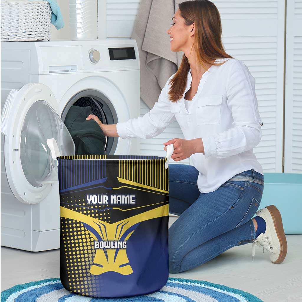 Personalized Blue and Yellow Bowling Laundry Basket with Striking Pins Retro Dot Pattern Design - Wonder Print Shop