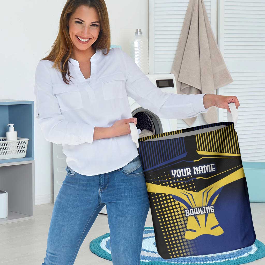 Personalized Blue and Yellow Bowling Laundry Basket with Striking Pins Retro Dot Pattern Design - Wonder Print Shop