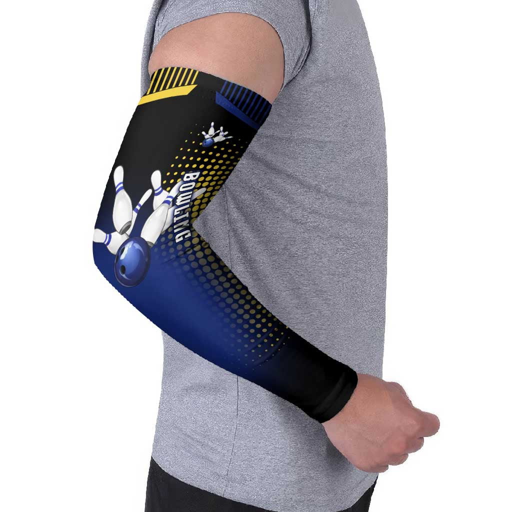 Personalized Blue and Yellow Bowling Arm Sleeves with Striking Pins Retro Dot Pattern Design - Wonder Print Shop