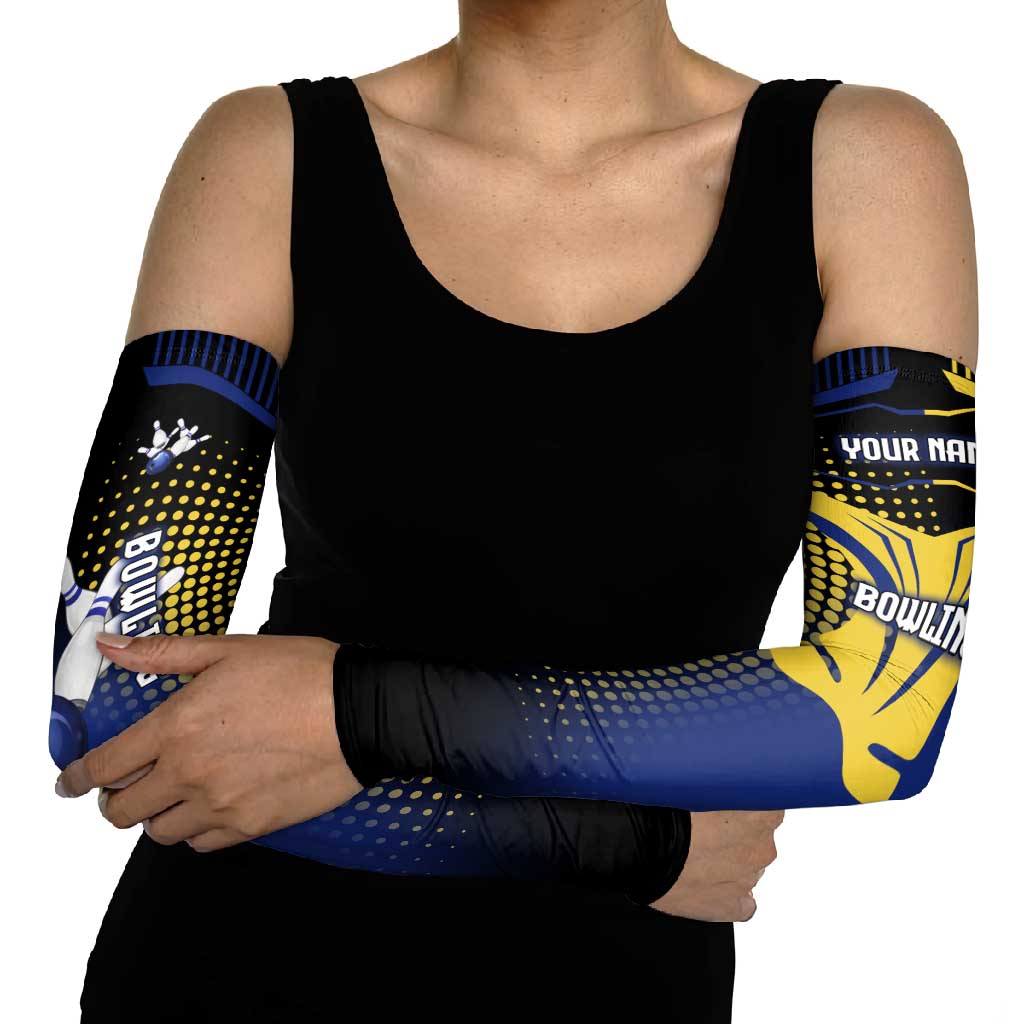 Personalized Blue and Yellow Bowling Arm Sleeves with Striking Pins Retro Dot Pattern Design - Wonder Print Shop