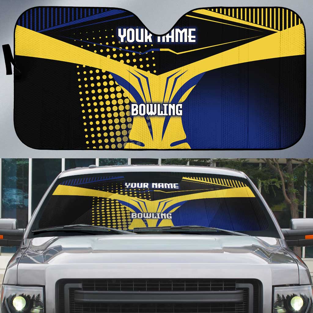 Personalized Blue and Yellow Bowling Auto Sun Shade with Striking Pins Retro Dot Pattern Design - Wonder Print Shop