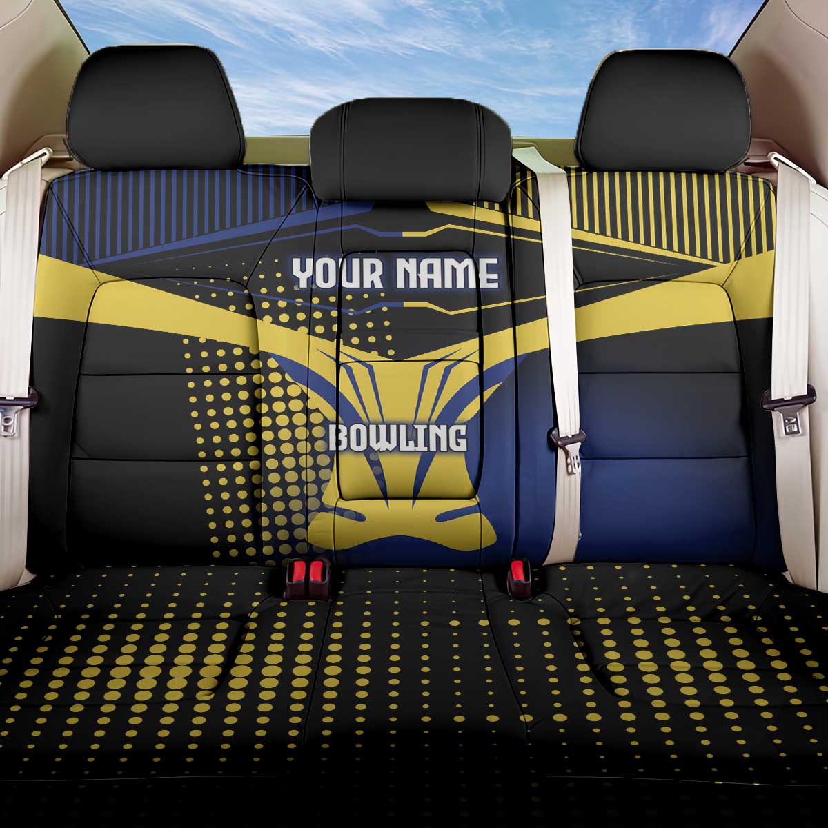 Personalized Blue and Yellow Bowling Back Car Seat Cover with Striking Pins Retro Dot Pattern Design - Wonder Print Shop